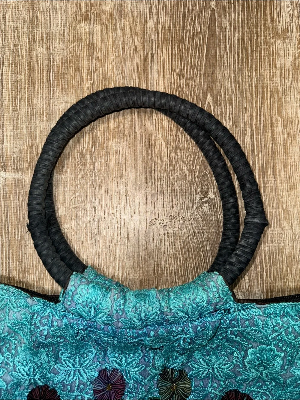 Turquoise Embroidered Floral Tote Bag - Unbranded